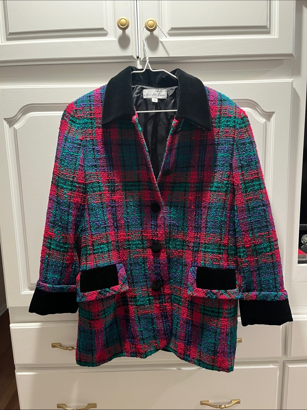Vintage Saks Fifth Avenue Plaid Blazer Jacket 8 Black Green Pink Tweed Velvet